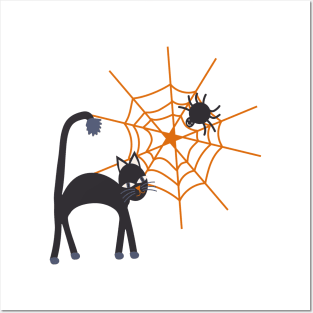 Spookily cute cats, spiders and cobwebs for Halloween in bold orange and darkest charcoal Posters and Art